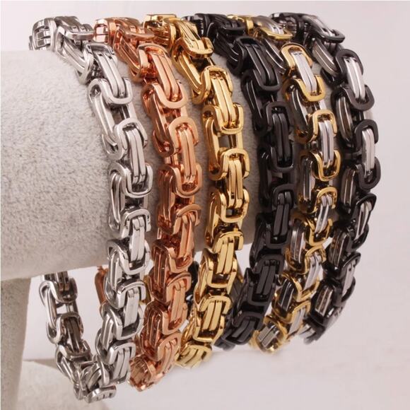 STAINLESS STEEL BYZANTINE MECHANIC SILVER BLACK BIKER BRACELET GOLD BLACK - Picture 3 of 7